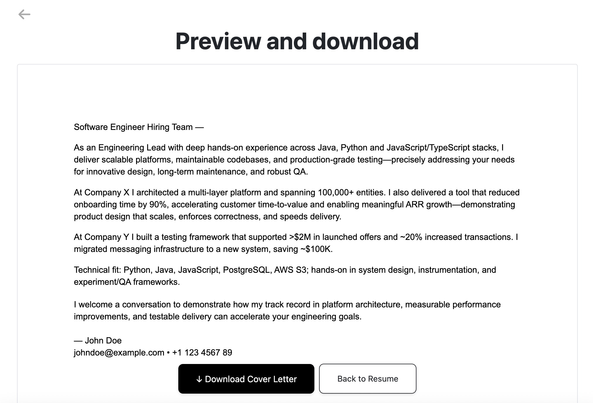 Cover letter generation interface