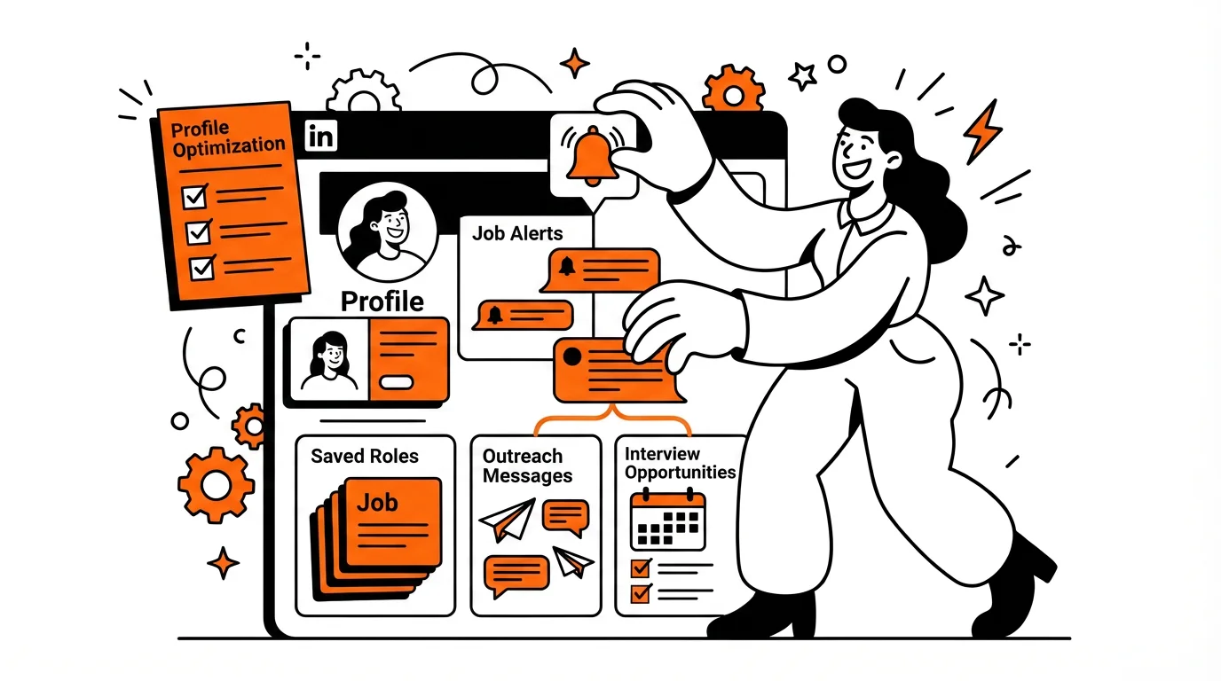 Job seeker using LinkedIn on laptop to search for jobs, review alerts, and send connection requests in 2026