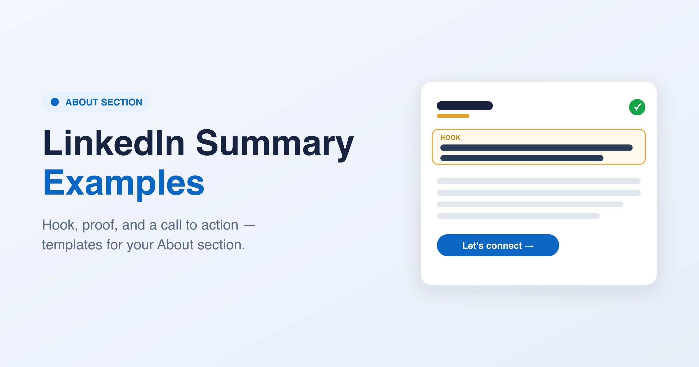 LinkedIn About section card with a highlighted hook at the top, body lines, and a Let's connect call-to-action button